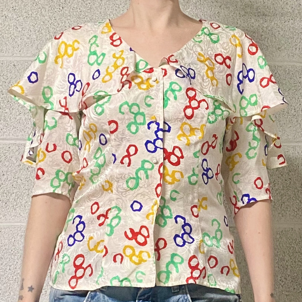 Vintage 80’s Silk Doodle Blouse Sailor Collar Size 8